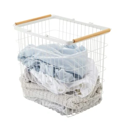 Imagen de Yamazaki 2810 TOSCA Cesto para la ropa sucia grande, blanco, Acero/Madera, minimalista, 41.5 x 31 38.5 cm