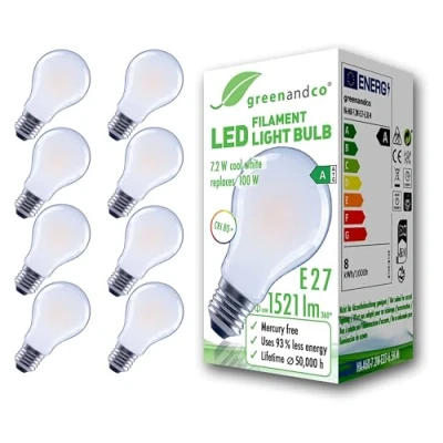 Imagen de greenandco 8x bombilla de filamento LED esmerilado E27 A60 7,2W 1521lm sustituye A 100W 3000K blanco cálido 320 230V sin parpadeo clase energética no regulable