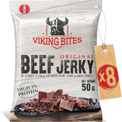 Imagen de Viking Bites Beef Jerky Original 400g (8 x 50 g) Cecina de ternera Aperitivo carne Con un alto contenido proteínas