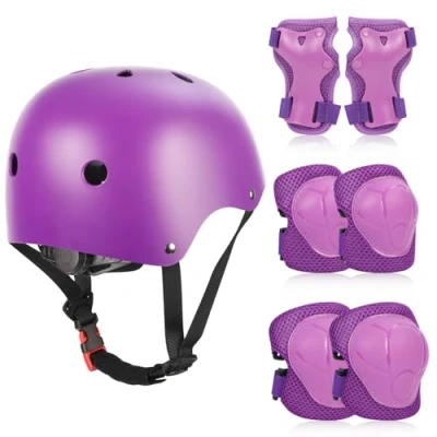 Imagen de ZWOOS Protecciones Patines Niño 7PCS, Incluye Casco Rodilleras Coderas y Muñequeras, Bici para Ciclismo Monopatín Patinaje Otros Deportes (Morado)