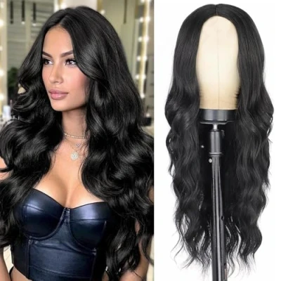 Imagen de PORSMEER Pelucas mujer cabello natural peluca larga Ondulada negra, de parte media sintética con rayita 26 pulgadas