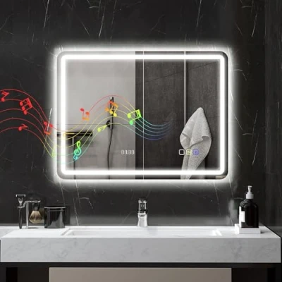 Imagen de HOMCOM Espejo de Baño con Luz LED 80x60 cm Pared Bluetooth 3 Colores Reloj Digital Función Antivaho Memoria Interruptor Táctil IP44