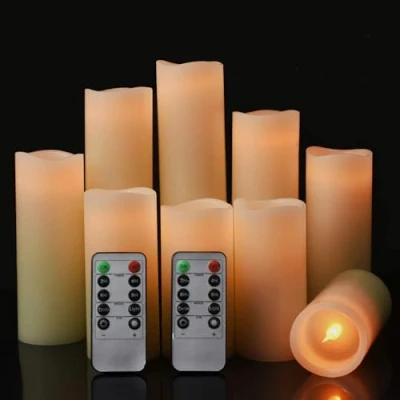 Imagen de velas LED, sin llama, juego de 9, diámetro 5.5 cmxaltura 10/12.5/15/17.5/20/22.8 cm, cera real con mando a distancia y función temporizador 24 horas (marfil)