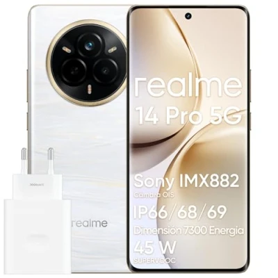 Imagen de realme 14 Pro 5G Smartphone, 12+512GB, Teléfono Móvil, Diseño Que Cambia de Color con el Frío, IP69, Cámara Sony IMX882 OIS 50 MP, Pantalla 120 Hz, Batteria da 5260 mAh, Blanco (con Adaptador)