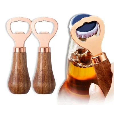 Imagen de 2 Piezas Abrebotellas, Abrebotellas de acero inoxidable, abridor botellas cerveza, madera natural, cerveza Portátil, para el hogar bar pub al aire libre (Dorado).