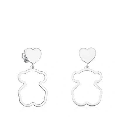 Imagen de TOUS Pendientes de Plata Primera Ley para Mujer con Cierre a Presión, Motivo Oso Silueta y Corazón, Simples Elegantesl, Colección