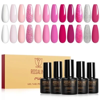 Imagen de ROSALIND Esmaltes Semipermanentes Rosa,12 Color Blanco Rosa Claro Neón Para Uñas,Soak Off UV Pintauñas Semipermanente Glitter Plata Primavera Verano