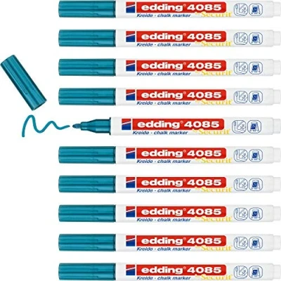 Imagen de edding 4085 marcador de tiza azul metálico 10 rotuladores punta redonda 1 2 mm para cristal borrables pizarras, vidrio y espejos líquida cobertura opaca