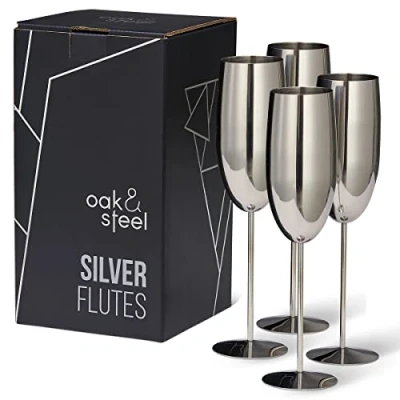 Imagen de Oak &amp; Steel 4 Elegantes Copas de Champán Acero Inoxidable, 285ml Cava Inoxidable Plateado Set Original para Brindis, Bodas, Fiestas y Celebraciones