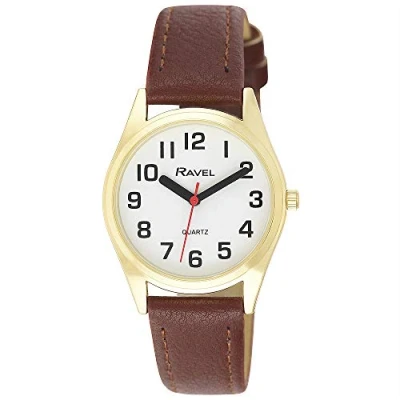 Imagen de Ravel Reloj con Correa de Ayuda Visual Unisex Super Atrevido Grandes números Marrón/Tono Dorado/Esfera Blanca
