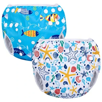 Imagen de Luxja Pañal de Natación para Bebes Bañador Reutilizable Nadar Bebé Lavable (0 3 años), Shell + Pescado Azul