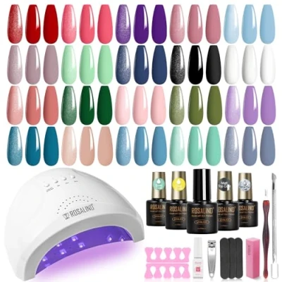 Imagen de ROSALIND Kit Uñas semipermanentes, 48W Lampara 20+4 PCS Esmaltes de Gel Completo Lámpara UV Rojo Rosa Púrpura Azul Verde Permanentes Manucira