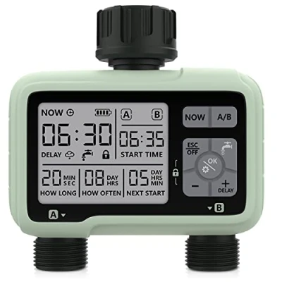 Imagen de CROSOFMI Temporizador de Riego 2 Salidas Jardín Agua automático/Pantalla LCD/Operación fácil/Bloqueo para niños/Retraso por Lluvia intensa/Riego Manual