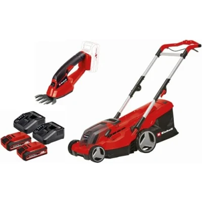 Imagen de Einhell Cortacésped con batería GE cm 36/37 Li + cizalla de hierba CG 18/1 Power X Change (iones Li, 2x18V, 37 anchura corte, incl. 2 baterías 3Ah y cargadores)