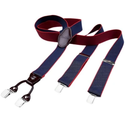 Imagen de DonDon tirantes hombre anchos 3,5 cm con 4 clips extra fuertes para pantalones y parche de cuero marrón azul obscuro