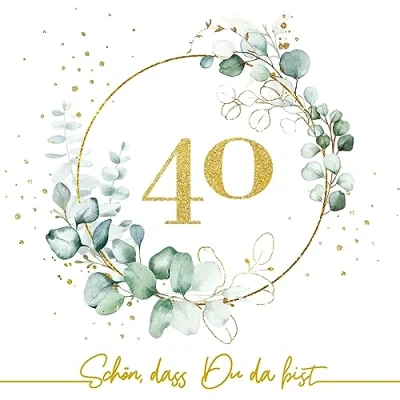 Imagen de 20 Servilletas de papel con diseño eucalipto para cumpleaños 40 dorados texto en alemán «Schön, dass Du da bist». diseño. También decoupage y (33 x 33