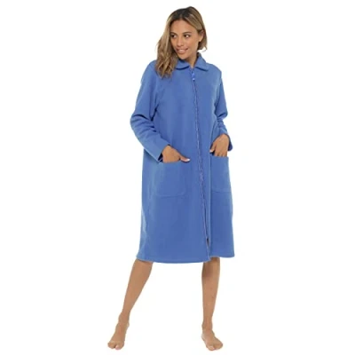 Imagen de Undercover Albornoz de forro polar suave con cremallera para mujer, y ribete satén, color rosa, morado, azul, lila Azul (cuello), 26 28