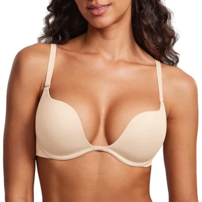 Imagen de DOBREVA Sujetador Push Up Escote Profundo con Aros Relleno sin Costuras Sexy Mujer Beige 100C