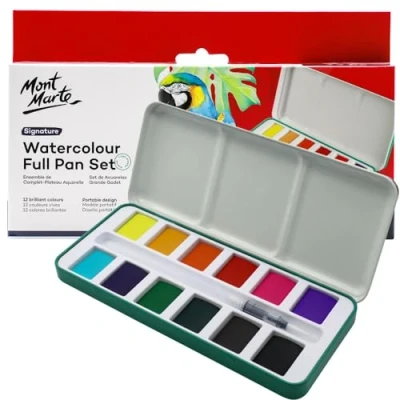 Imagen de Mont Marte juego de acuarela Full Pan Signature 13 piezas en lata, vibrante, multicolor con acabado translúcido, portátil