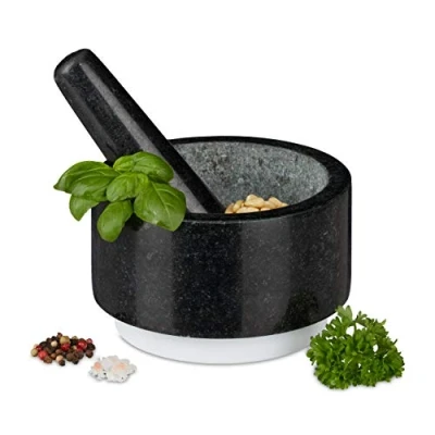 Imagen de Relaxdays Mortero Granito con Mano, Resistente, Duradero, Especias, Moledor Piedra Pulida, 14cm Ø, 400ml, Gris/Blanco