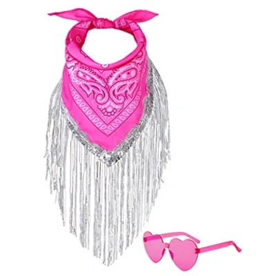 Imagen de JIANGLAI bandana de flecos con gafas sol corazón, diamantes imitación, decoración vaquera para mujer, despedida soltera, hot pink