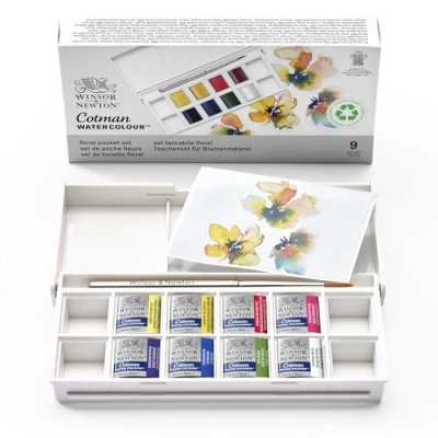 Imagen de Winsor &amp; Newton Acuarela Cotman Set temático de bolsillo, floral, 8 colores, 1 pincel viaje, colores surtidos, Pintura flores