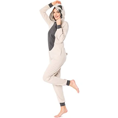 Imagen de Ladeheid Mujer Traje de Dormir Pijama una Pieza algodón Mono con un Motivo Animal Capucha LA40 234 (Beige Pug, S)
