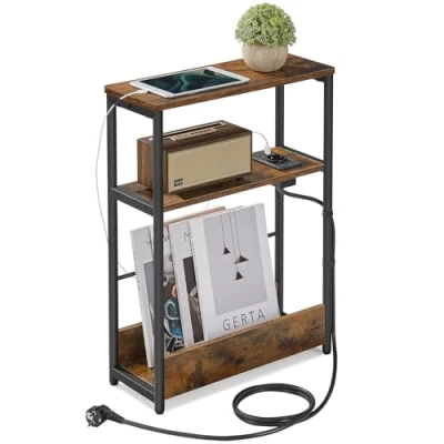 Imagen de VASAGLE Mesa Auxiliar con Multienchufe, Estrecha 3 Estantes, para Espacios Pequeños Revistero, Salón, Dormitorio, Estudio, Marrón Rústico y Negro Tinta LET335K02