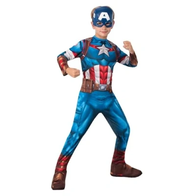 Imagen de Rubies Disfraz Capitán América Clásico para niños, Jumpsuit con detalles impresos, cubrebotas y máscara, Oficial Marvel Carnaval, Halloween, Navidad cumpleaños