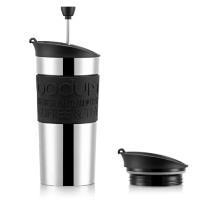 Imagen de BODUM Juego de cafetera Travel French Press, acero inoxidable con tapa adicional, aspiradora, 350 ml/12 oz, color negro