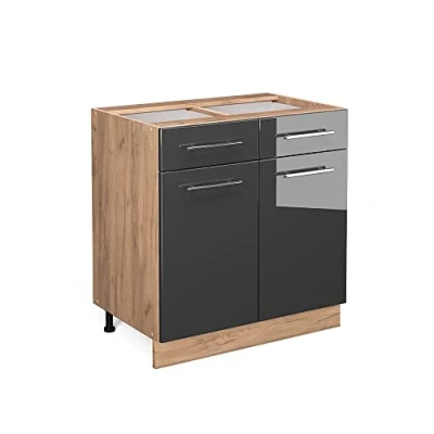 Imagen de Vicco Mueble bajo de Cocina Fame Line, Antracita Alto Brillo/Roble Dorado, 80 cm con cajón, sin encimera