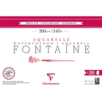 Imagen de Clairefontaine 975503C Bloc Pegado 4 Caras Fontaine 20 Hojas Papel Acuarela Blanco 100% Algodón Grano Fino Calidad Profesional 36x51 cm 300g