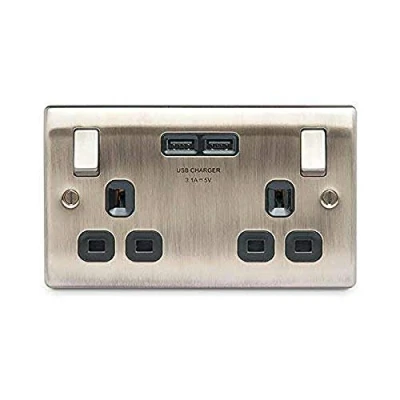 Imagen de BG Electrical Enchufe, 13A, 2x toma de corriente con carga USB, Cuadrado blanco bordes 3 x tomas USB