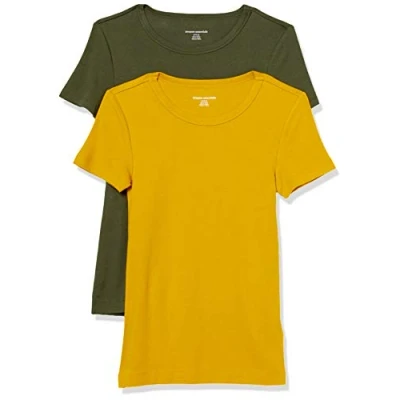 Imagen de Amazon Essentials Camiseta de Cuello a la Caja Manga Corta y Ajuste Entallado Mujer, Pack 2, Dorado/Verde Oliva, XL
