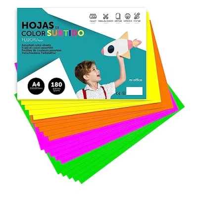Imagen de Cartulina de Colores, A4 Colores Surtidos Fluor, Folios 180gr para Manualidades, Imprimir Documentos y Diseños Creativos, · m office (x500 Surtido Fluor)