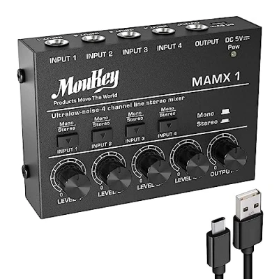 Imagen de Mezclador estéreo de audio estudio Moukey, 4 canales para discotecas, bares, escenarios, mesas mezclas, guitarras, bajos y teclados, MAMX1