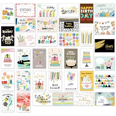 Imagen de Juego de 36 tarjetas cumpleaños con sobre, tarjeta y felicitación primera calidad para niños, diseños plegables sobre