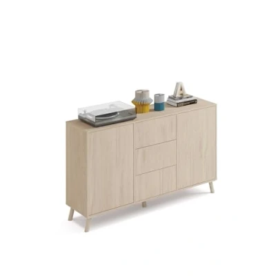 Imagen de MUEBLES PITARCH Aparador Salón Comedor, Buffet, Mueble Auxiliar, 2 Puertas y 3 Cajones, Roble Aurora, 89x140x40cm, Despensa, Cocina, Despacho, Tirador Push o Pulsador, Moderno, Nórdico, Modelo Oslo