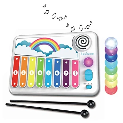 Imagen de Lexibook, Xylofun, Xilófono electrónico y educativo para niños, juego musical de juguete, 8 teclas, guía luminosa, 2 mazos incluidos, blanco/azul, K340