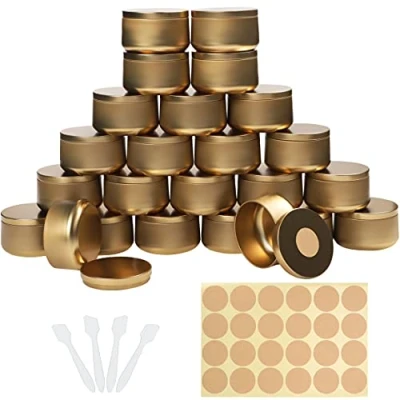 Imagen de Belle Vous Pack de 24 Cajas Metalicas Doradas para Hacer Velas con Pegatinas y Espátulas 230 ml Tarros Redondos Manualidades Latas Decorativas Almacenaje