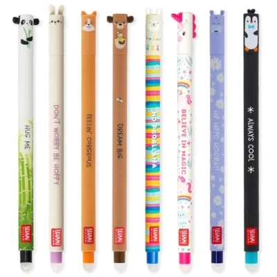 Imagen de LEGAMI Juego de 7 bolígrafos gel borrables con tinta borrado termosensible, gama colores y diseños barril, punta 0,7 mm, diseño conejo, león, corgi, panda, pingüino,