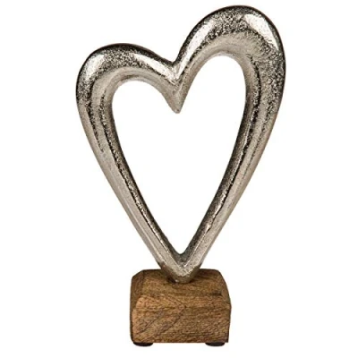 Imagen de ootb Corazón de Metal sobre Base Madera, Plata, 17 cm