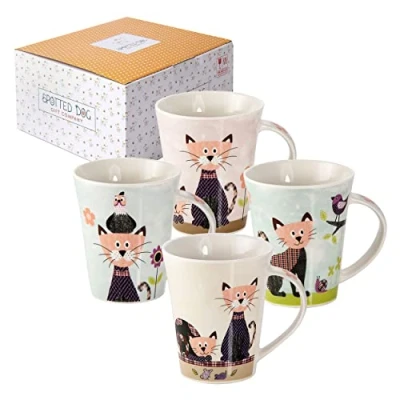 Imagen de SPOTTED DOG GIFT COMPANY Tazas de Café, Juego 4 Desayuno, Gato, Taza Cerámica para Té y Regalo Amante Gatos 360ml