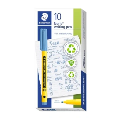 Imagen de Staedtler Noris writing pen 307 Fineliner, carcasa de 97% plástico reciclado según la norma ISO 14021, bolígrafo punta fina reciclado, azul delfter, caja plegable, 10 rotuladores