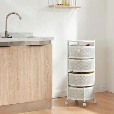 Imagen de [en.casa] Carro de Servicio con 4 Cestas Redondas Carrito Cocina Baño Ruedas Verduras Paredes Perforadas y 3 Superiores Giratorias Acero 75xØ33cm Blanco