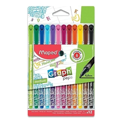 Imagen de Maped Rotuladores de Colores para Niños Graph&#039;Peps Deco 12 Punta Media Tinta no Traspasa el Papel Empuñadura Triangular Ideal como Bolígrafo Escritura