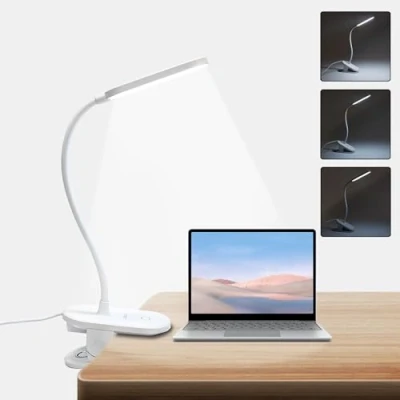 Imagen de LQWELL® Lampara Escritorio Pinza LED, Luz De Lectura Regulable Con Clip, 3 Niveles Brillo Y Flexible 360 Para Oficina En Casa (Blanco)