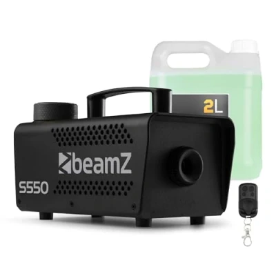 Imagen de BeamZ S550 Máquina de humo 550W con control remoto, 50 m3/min, tanque 250 ml, tiempo calentamiento rápido, compatible líquidos perfumados, ideal para fiestas y eventos.