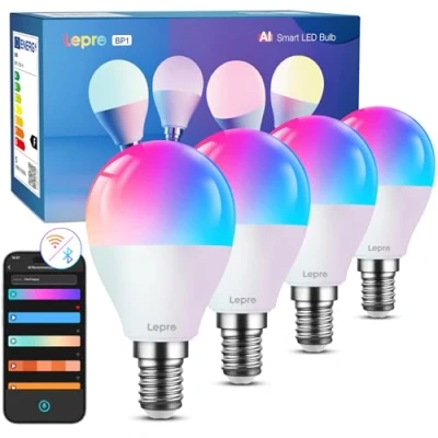 Imagen de Lepro BP1 AI Bombilla LED E14 Inteligente, Bombillas Regulables G45 LLM 4.9W 470LM, Magic Color Compatible con Alexa/Google, Control por Voz/APP, Sync de Música para Fiesta, WiFi y Bluetooth, 4 Pcs