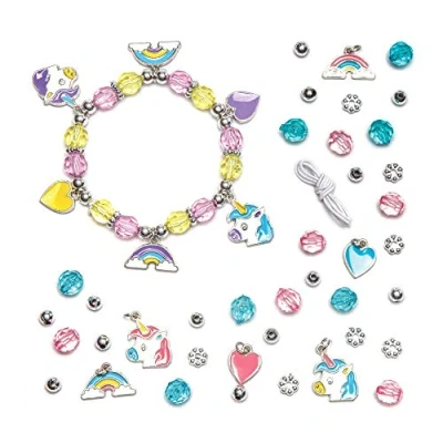 Imagen de Baker Ross Kits de pulseras con dijes unicornio (Pack 3) para crear bisutería infantil incluye cuentas, y cordón elástico